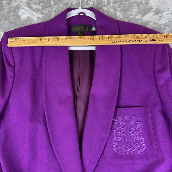 Vintage Classiques 100% Wool Blazer Womens L Fuchsia Purple Embroidery (1105) - Picture 12 of 15
